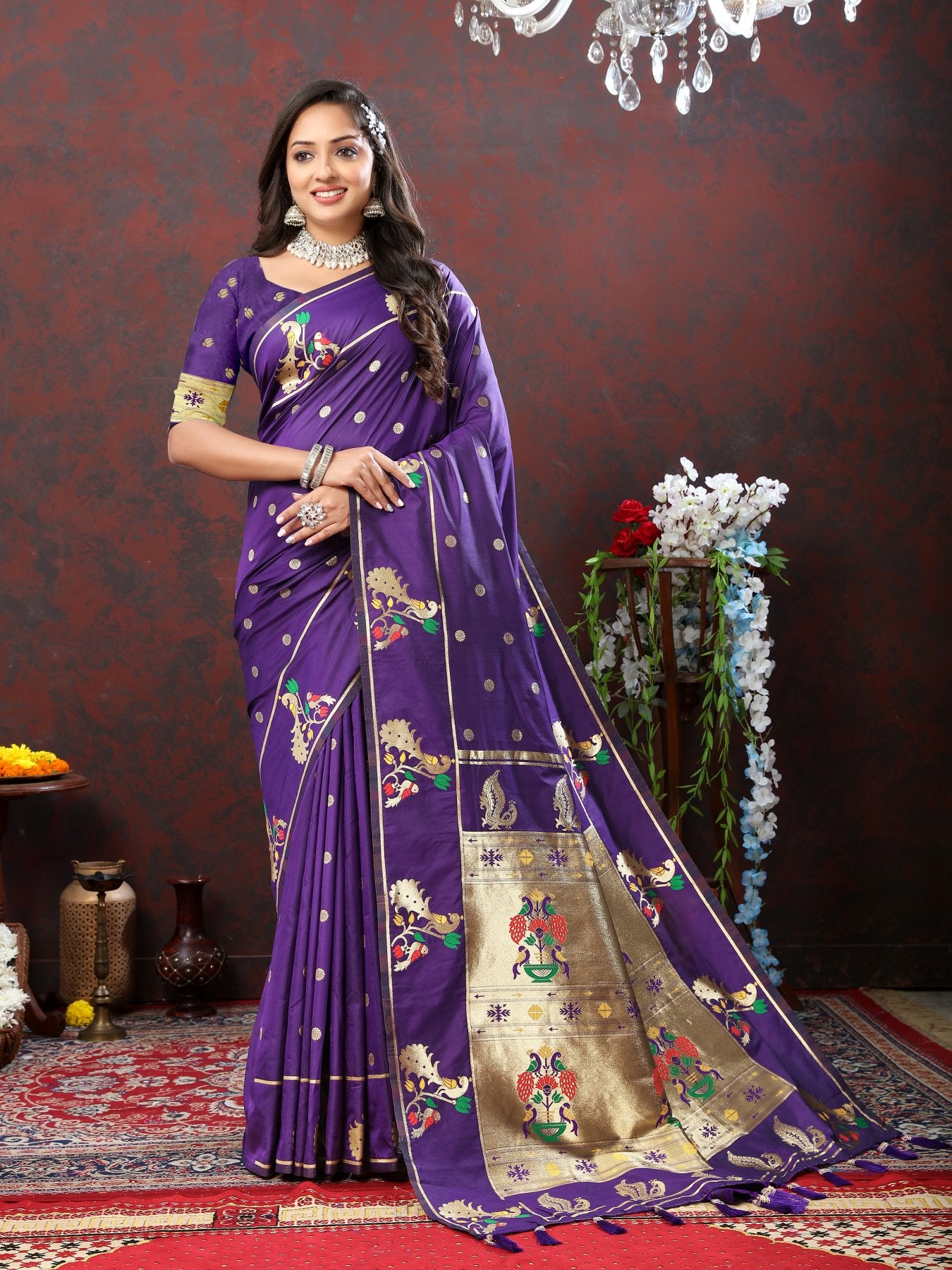 Charismatic Violet Paithani Silk Saree With Splendorous Blouse Piece