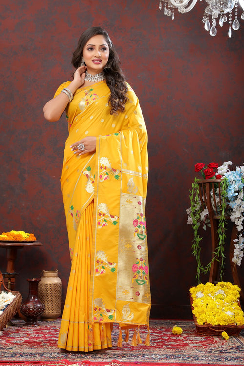 Load image into Gallery viewer, Elaborate Yellow Paithani Silk Saree With Inimitable Blouse Piece
