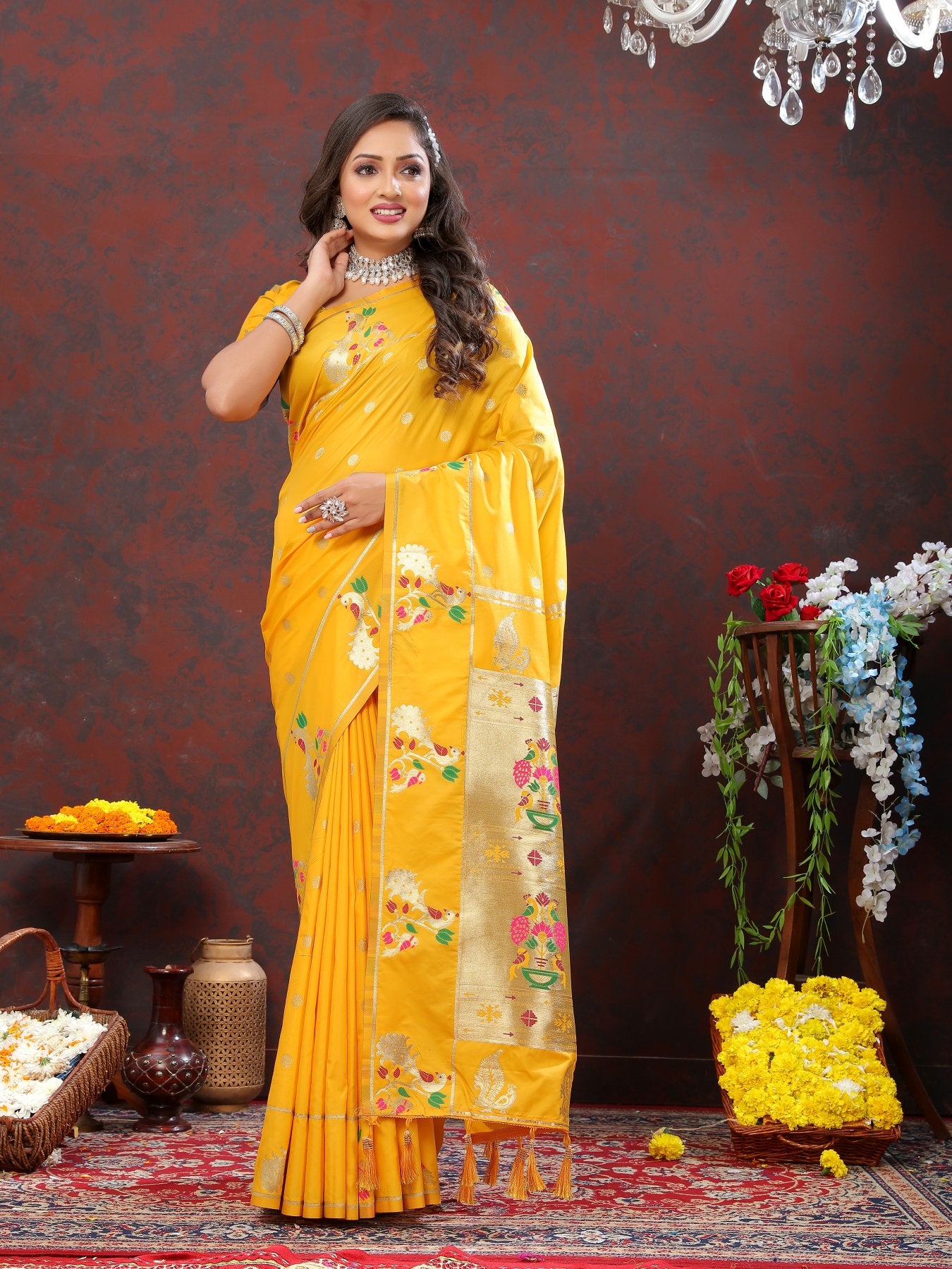 Elaborate Yellow Paithani Silk Saree With Inimitable Blouse Piece