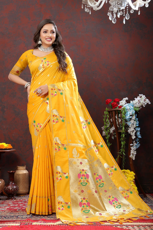 Load image into Gallery viewer, Elaborate Yellow Paithani Silk Saree With Inimitable Blouse Piece
