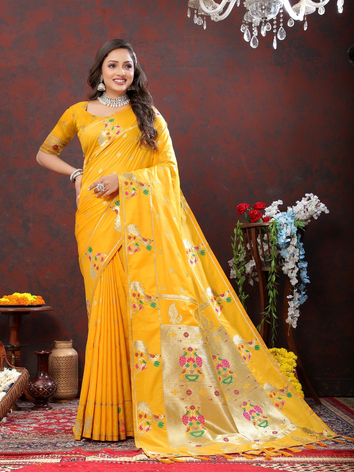 Elaborate Yellow Paithani Silk Saree With Inimitable Blouse Piece