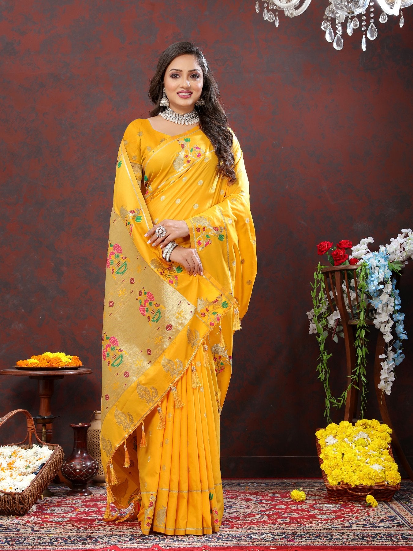 Elaborate Yellow Paithani Silk Saree With Inimitable Blouse Piece