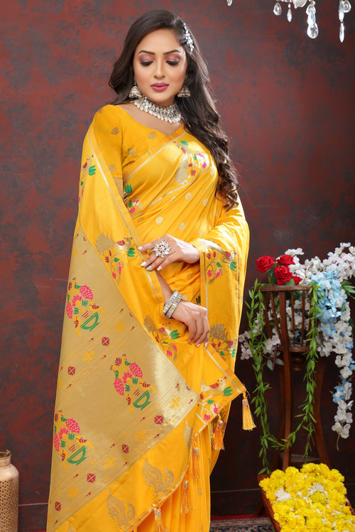 Load image into Gallery viewer, Elaborate Yellow Paithani Silk Saree With Inimitable Blouse Piece
