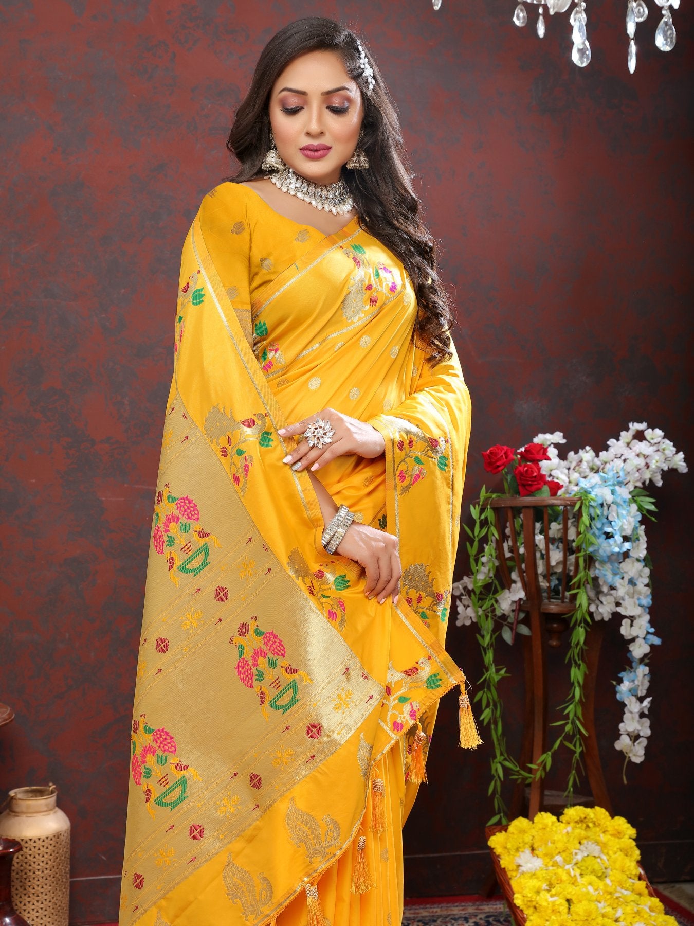 Elaborate Yellow Paithani Silk Saree With Inimitable Blouse Piece