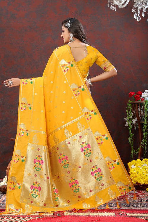 Load image into Gallery viewer, Elaborate Yellow Paithani Silk Saree With Inimitable Blouse Piece
