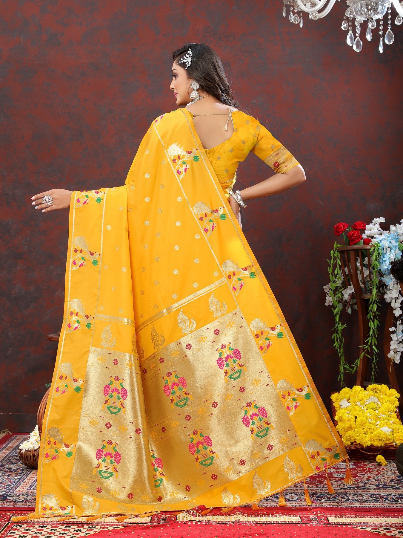 Elaborate Yellow Paithani Silk Saree With Inimitable Blouse Piece