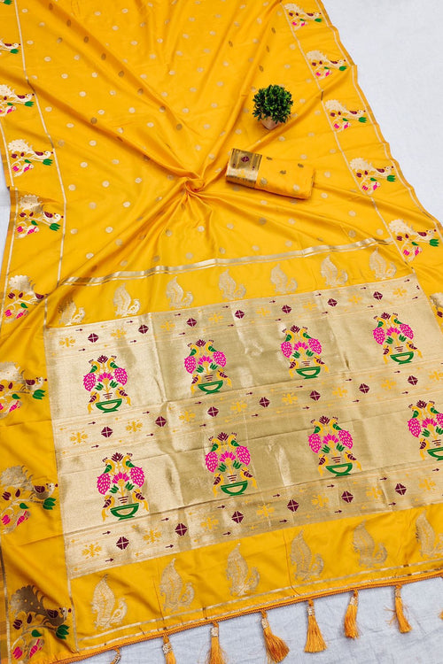 Load image into Gallery viewer, Elaborate Yellow Paithani Silk Saree With Inimitable Blouse Piece
