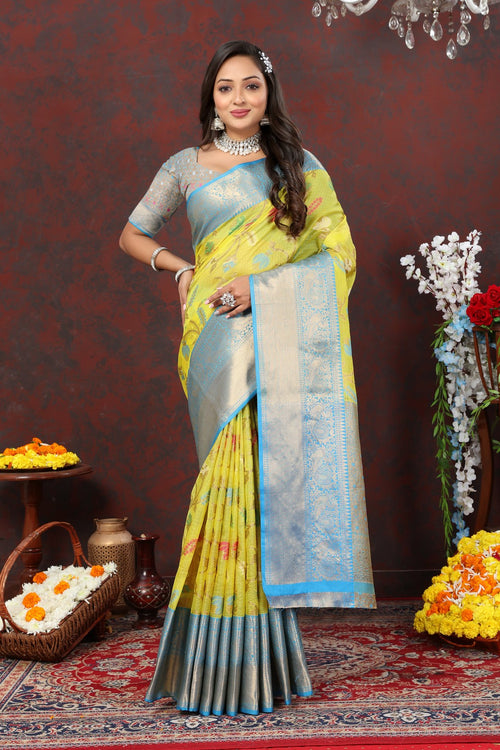 Load image into Gallery viewer, Assemblage Lemon Cotton Silk Saree With Evanescent Blouse Piece
