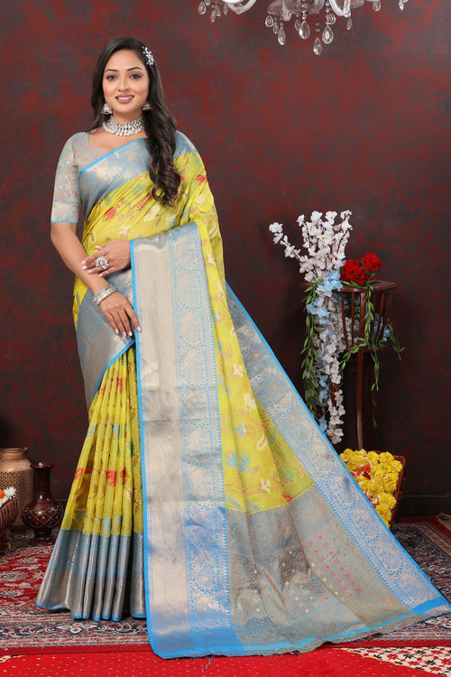 Load image into Gallery viewer, Assemblage Lemon Cotton Silk Saree With Evanescent Blouse Piece
