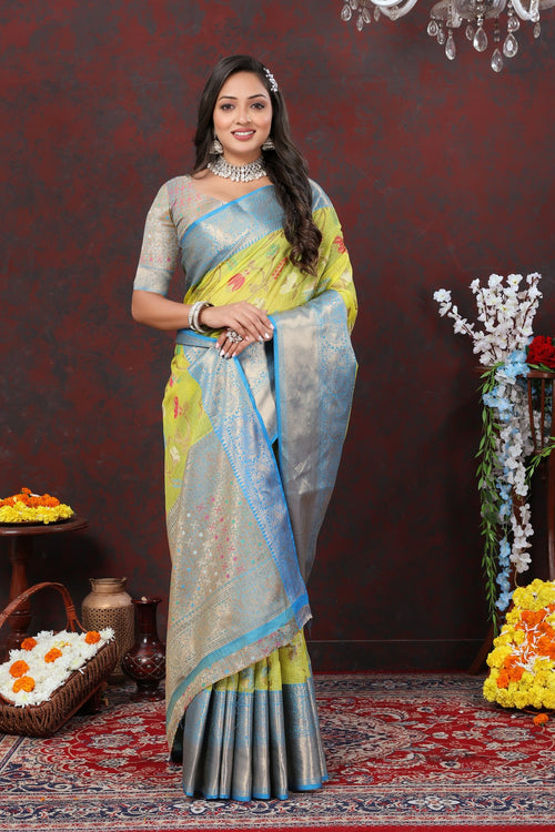 Load image into Gallery viewer, Assemblage Lemon Cotton Silk Saree With Evanescent Blouse Piece
