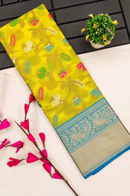 Load image into Gallery viewer, Assemblage Lemon Cotton Silk Saree With Evanescent Blouse Piece
