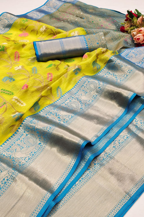 Load image into Gallery viewer, Assemblage Lemon Cotton Silk Saree With Evanescent Blouse Piece
