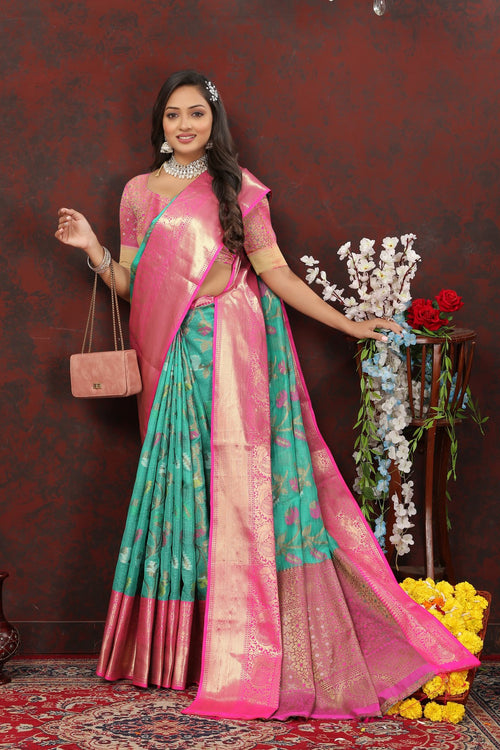 Load image into Gallery viewer, Conflate Sea Green Cotton Silk Saree With Admirable Blouse Piece
