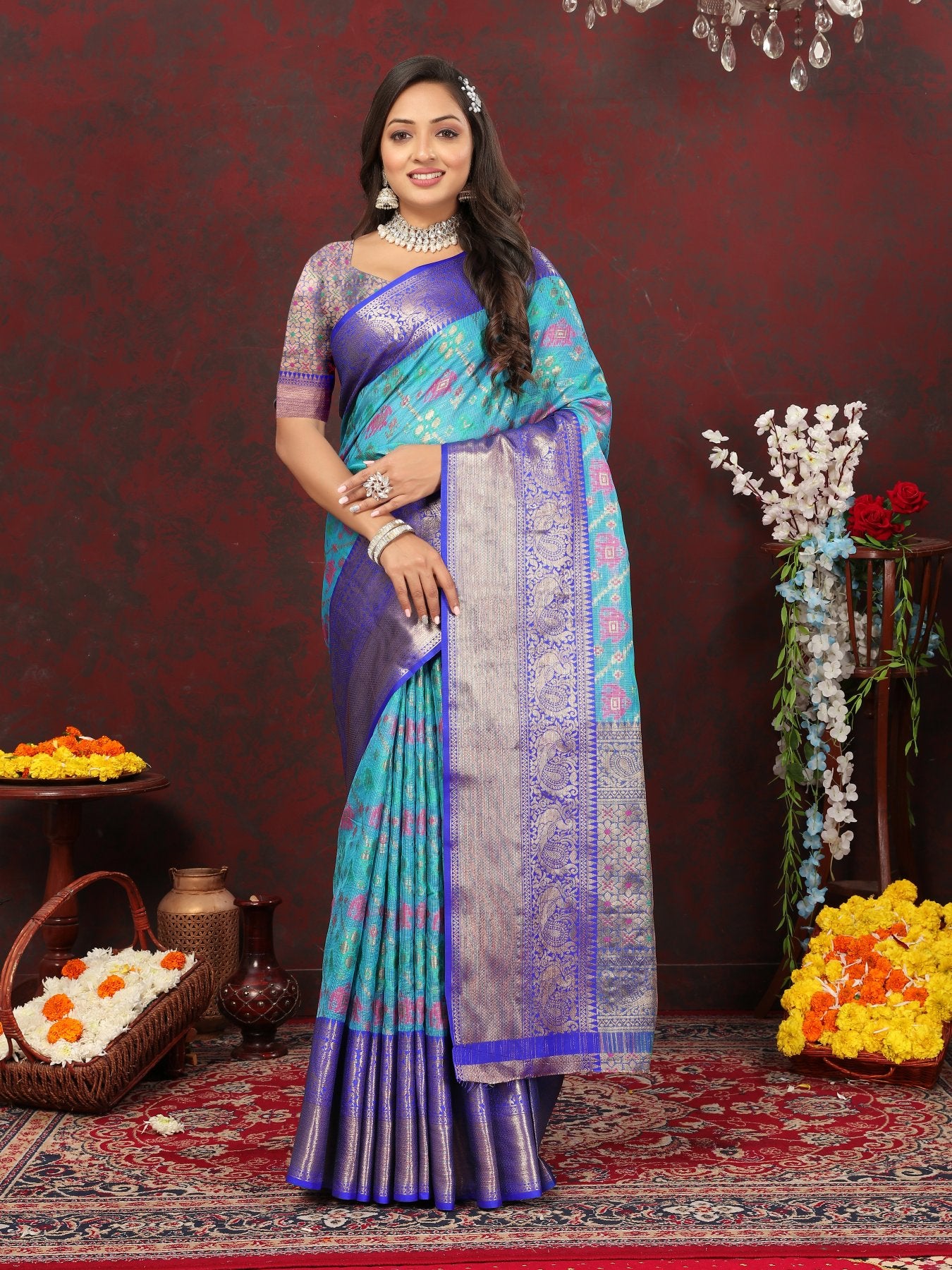 Lovely Firozi Cotton Silk Saree With Precious Blouse Piece