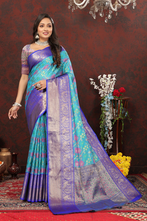 Load image into Gallery viewer, Lovely Firozi Cotton Silk Saree With Precious Blouse Piece
