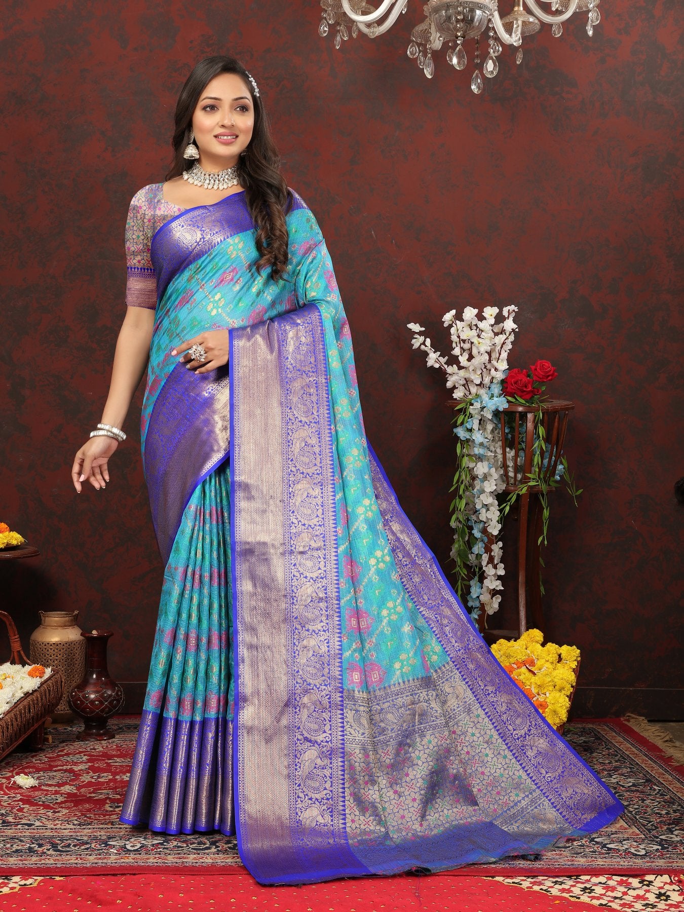 Lovely Firozi Cotton Silk Saree With Precious Blouse Piece