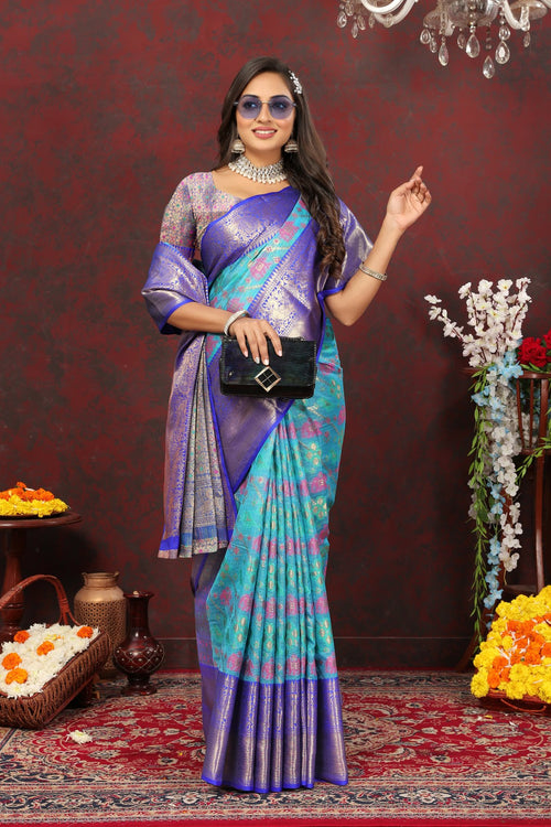 Load image into Gallery viewer, Lovely Firozi Cotton Silk Saree With Precious Blouse Piece
