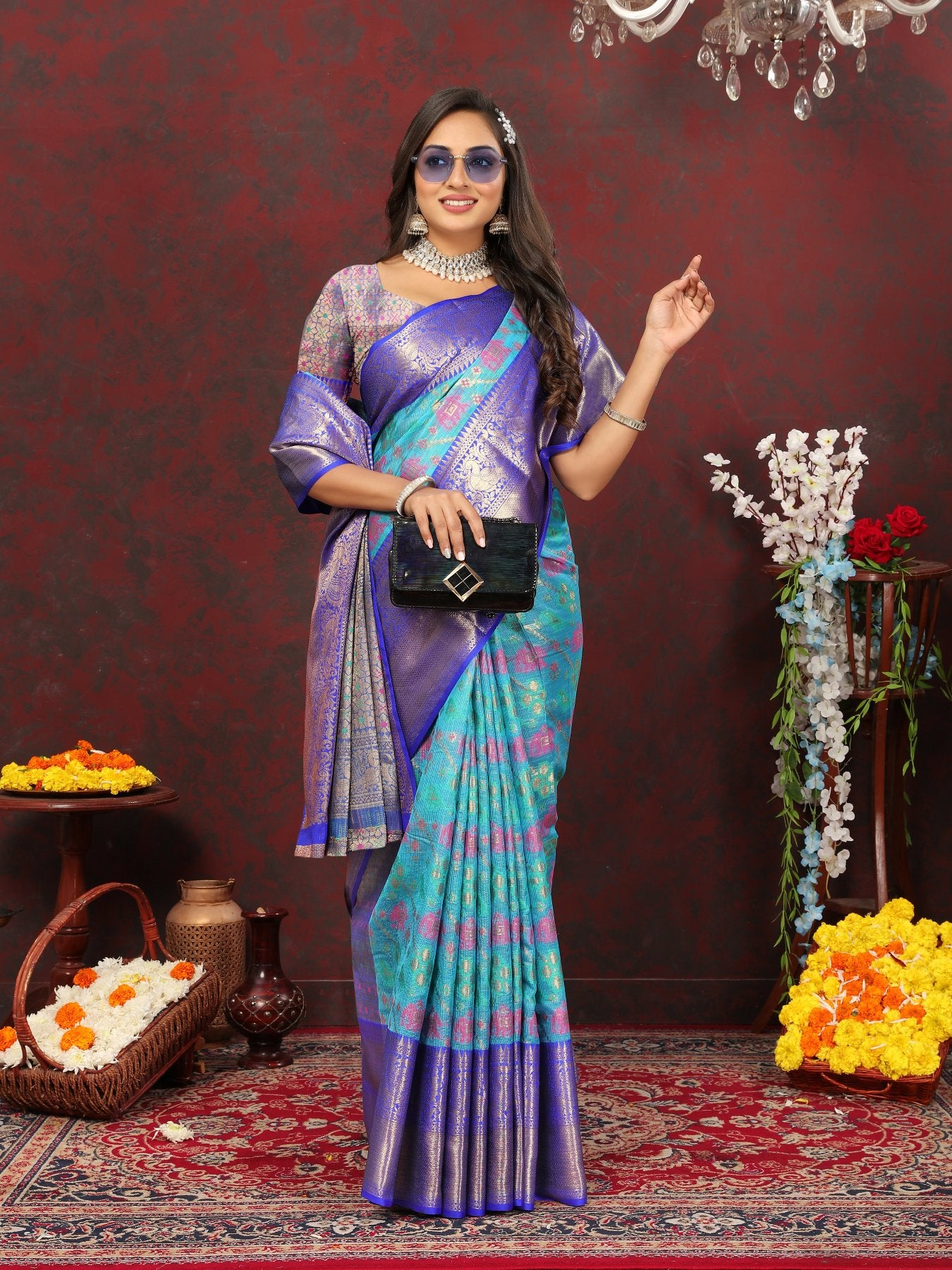 Lovely Firozi Cotton Silk Saree With Precious Blouse Piece