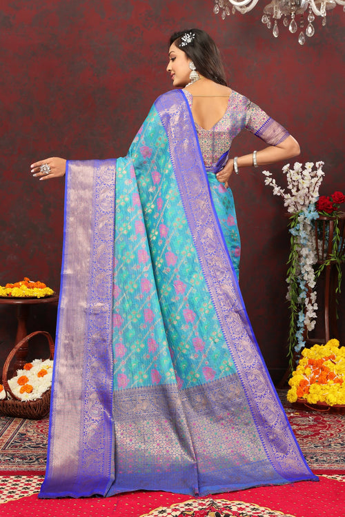 Load image into Gallery viewer, Lovely Firozi Cotton Silk Saree With Precious Blouse Piece
