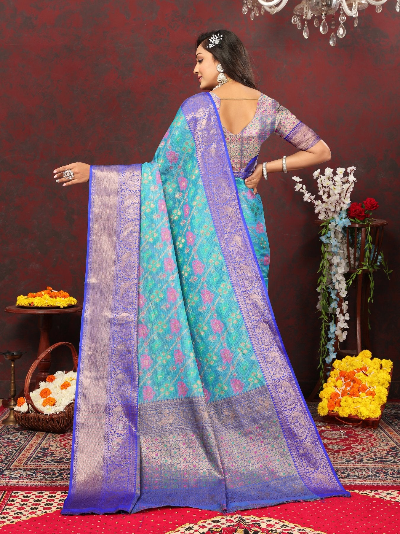 Lovely Firozi Cotton Silk Saree With Precious Blouse Piece