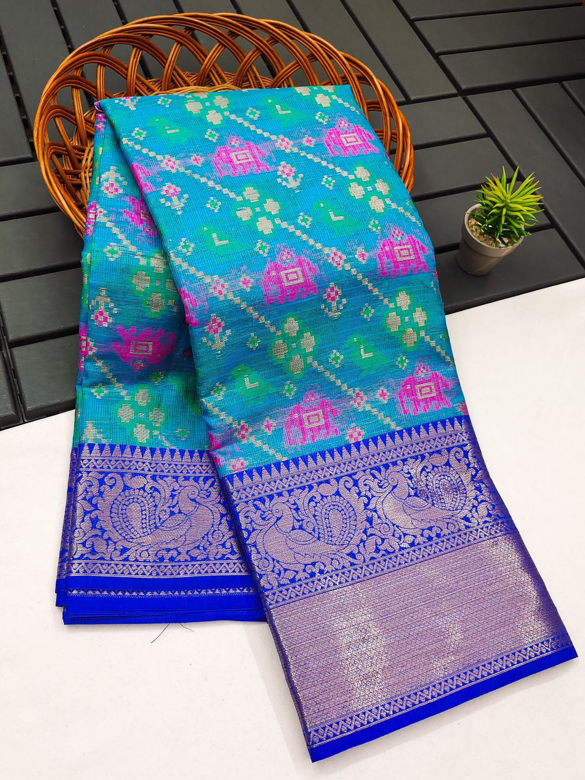 Lovely Firozi Cotton Silk Saree With Precious Blouse Piece