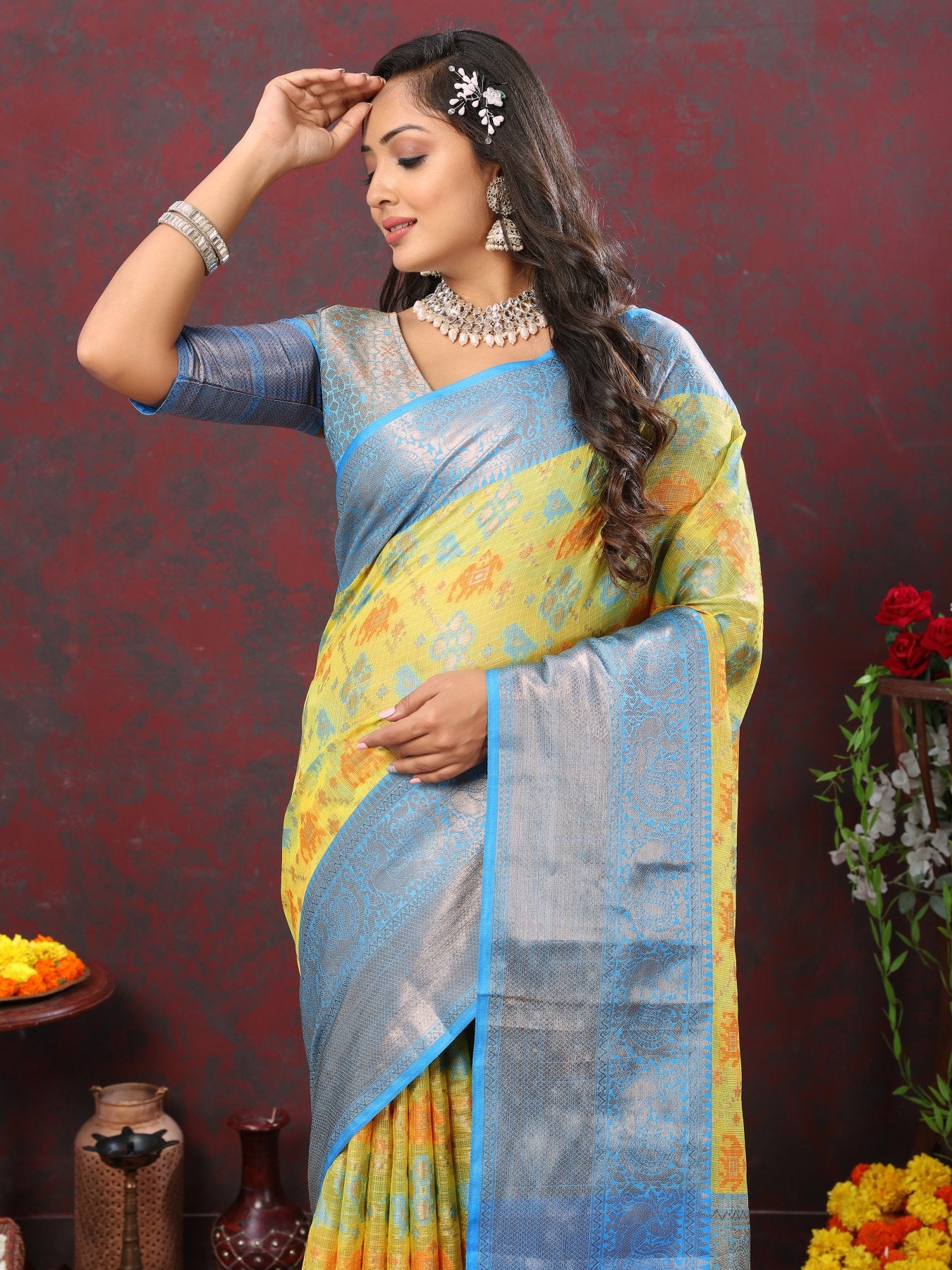 Jazzy Lemon Cotton Silk Saree With Glorious Blouse Piece