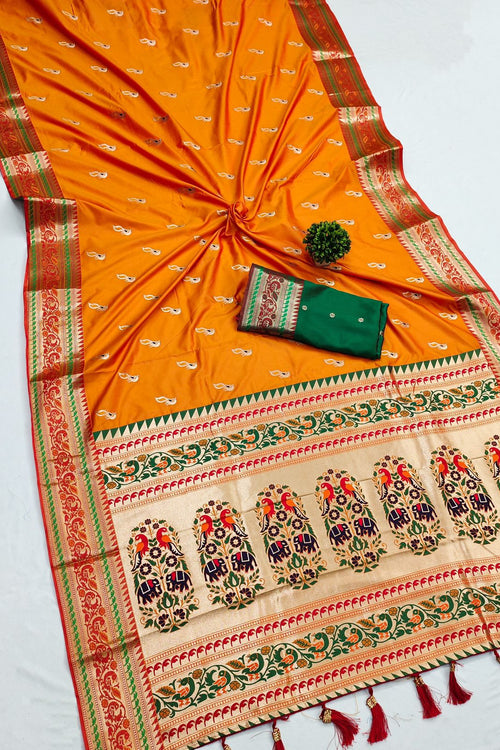 Load image into Gallery viewer, Ailurophile Orange Paithani Silk Saree With Embrocation Blouse Piece
