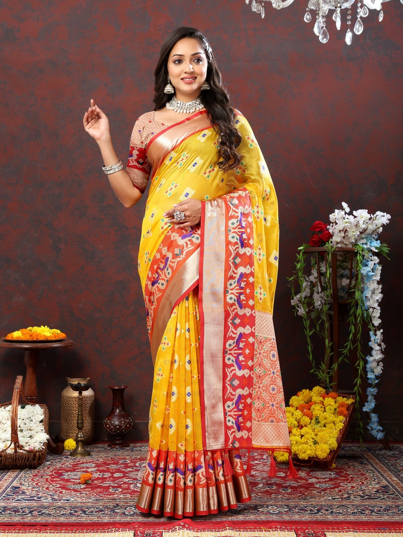 Incredible Yellow Organza Silk Saree With Exuberant Blouse Piece