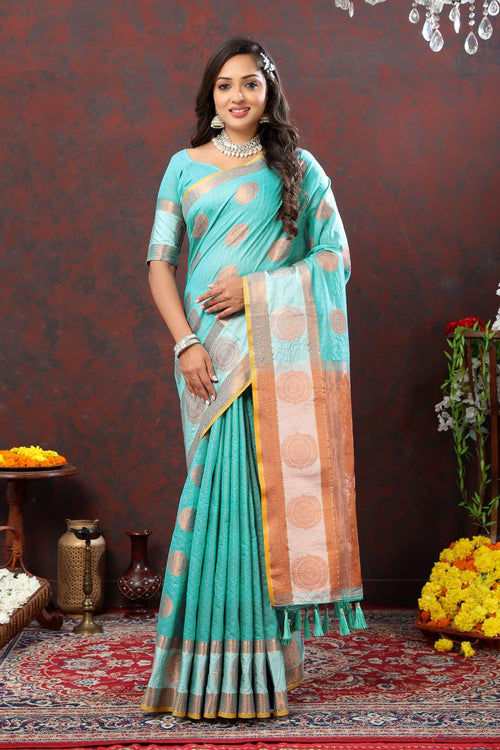 Load image into Gallery viewer, Vestigial Firozi Cotton Silk Saree With Improbable Blouse Piece
