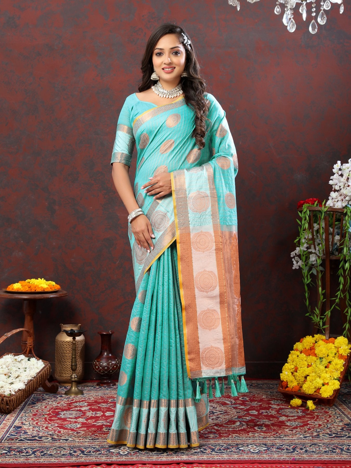 Vestigial Firozi Cotton Silk Saree With Improbable Blouse Piece