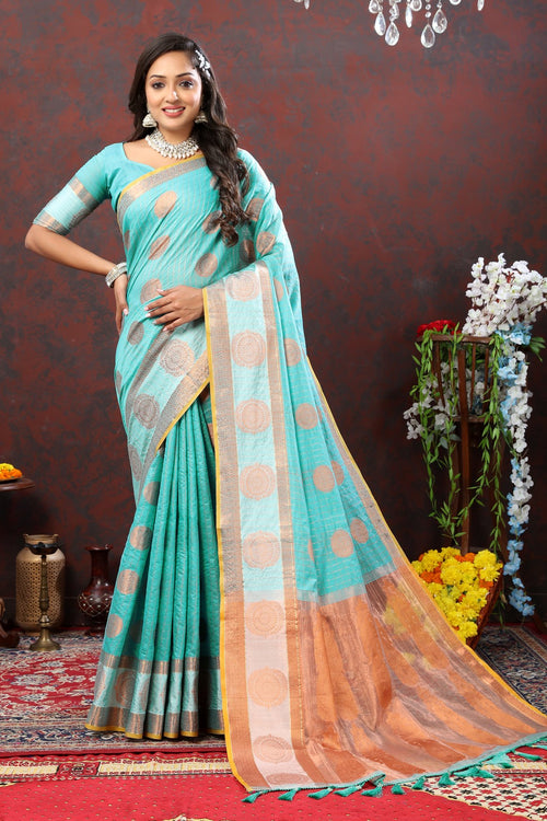 Load image into Gallery viewer, Vestigial Firozi Cotton Silk Saree With Improbable Blouse Piece
