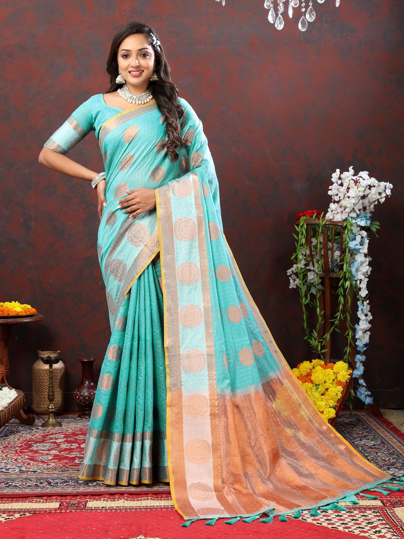 Vestigial Firozi Cotton Silk Saree With Improbable Blouse Piece