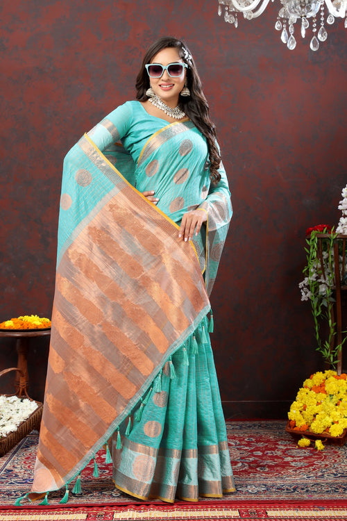 Load image into Gallery viewer, Vestigial Firozi Cotton Silk Saree With Improbable Blouse Piece
