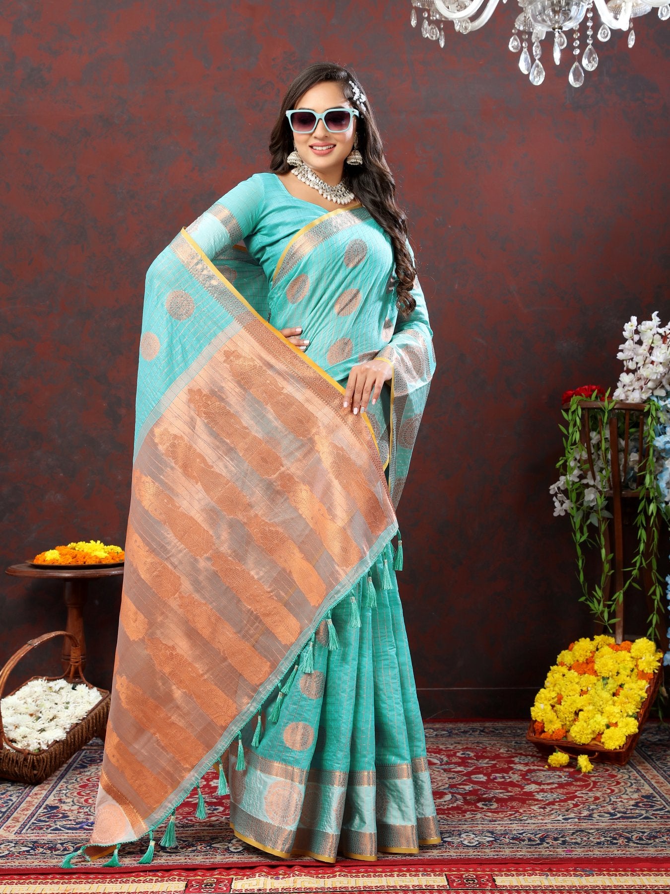 Vestigial Firozi Cotton Silk Saree With Improbable Blouse Piece