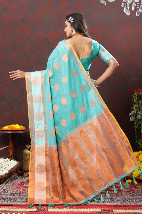 Load image into Gallery viewer, Vestigial Firozi Cotton Silk Saree With Improbable Blouse Piece
