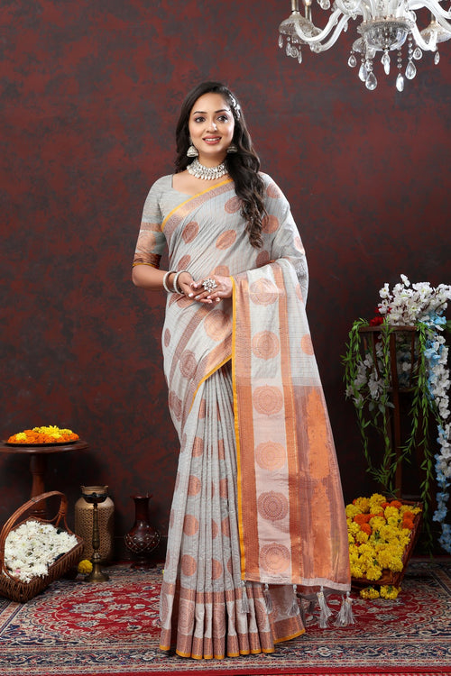 Load image into Gallery viewer, Splendiferous Grey Cotton Silk Saree With Proficient Blouse Piece
