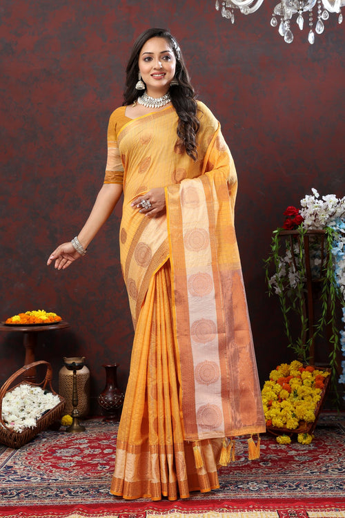 Load image into Gallery viewer, Engaging Mustard Cotton Silk Saree With Ornate Blouse Piece
