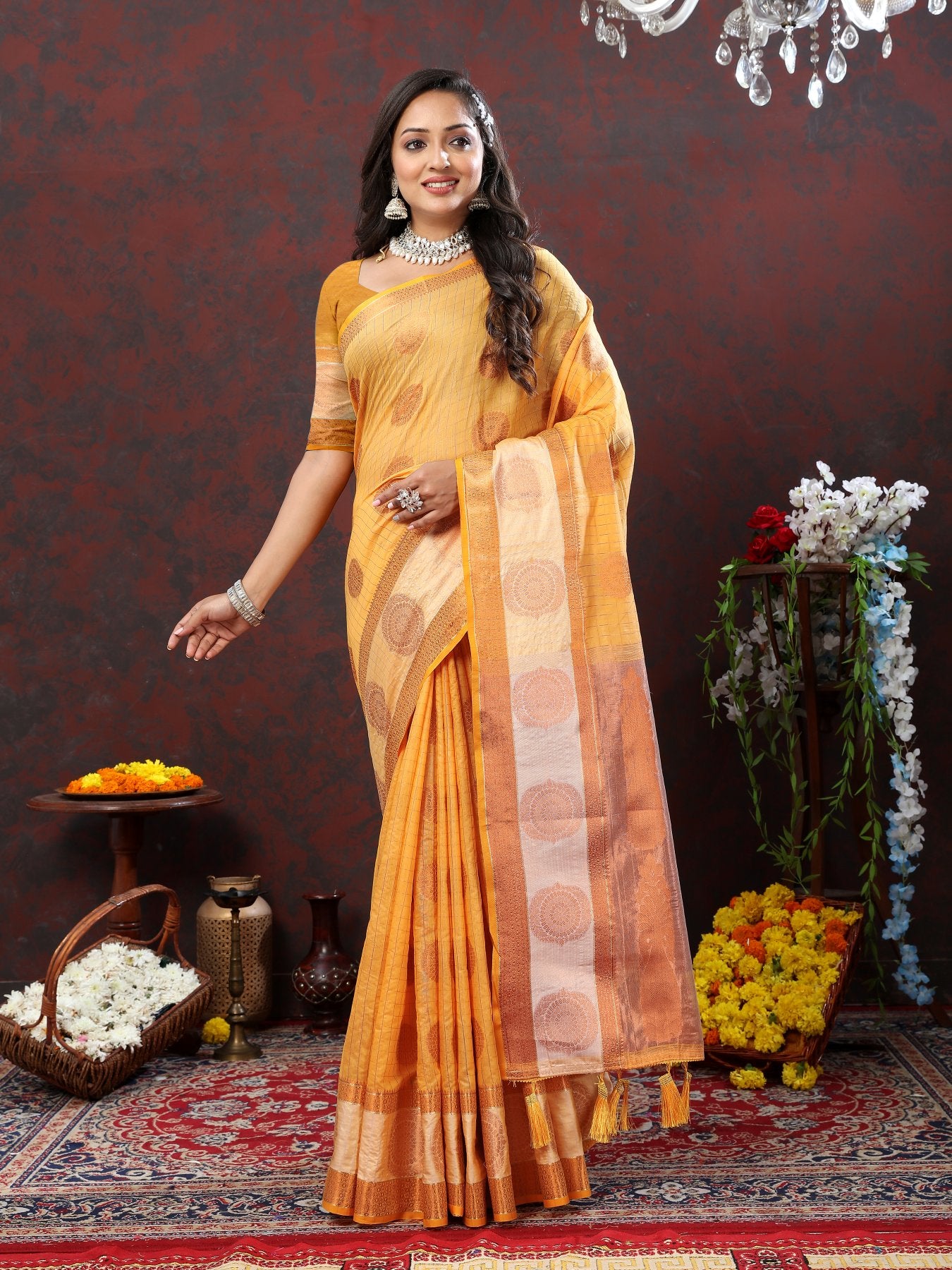 Engaging Mustard Cotton Silk Saree With Ornate Blouse Piece