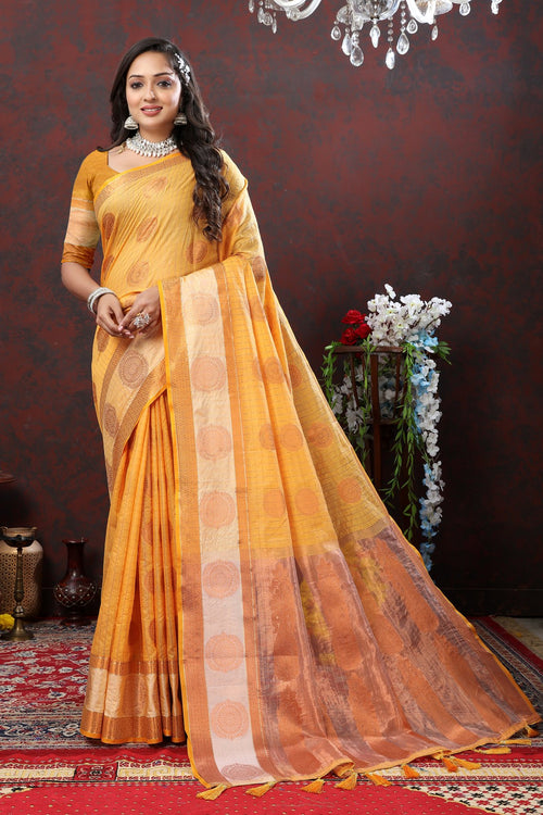 Load image into Gallery viewer, Engaging Mustard Cotton Silk Saree With Ornate Blouse Piece
