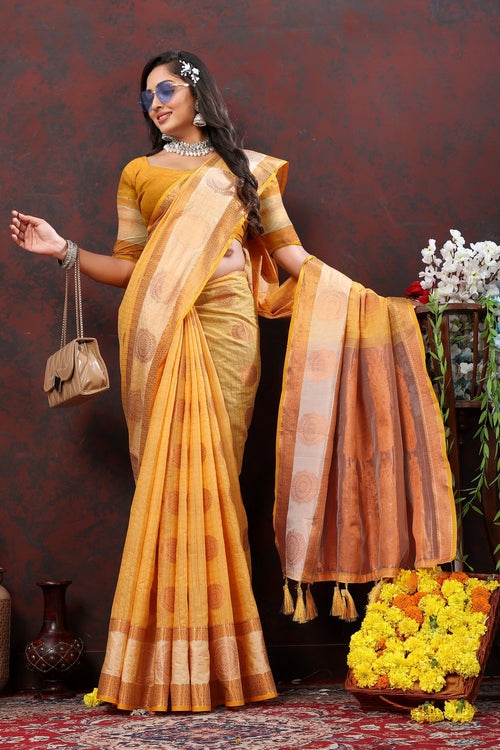 Load image into Gallery viewer, Engaging Mustard Cotton Silk Saree With Ornate Blouse Piece
