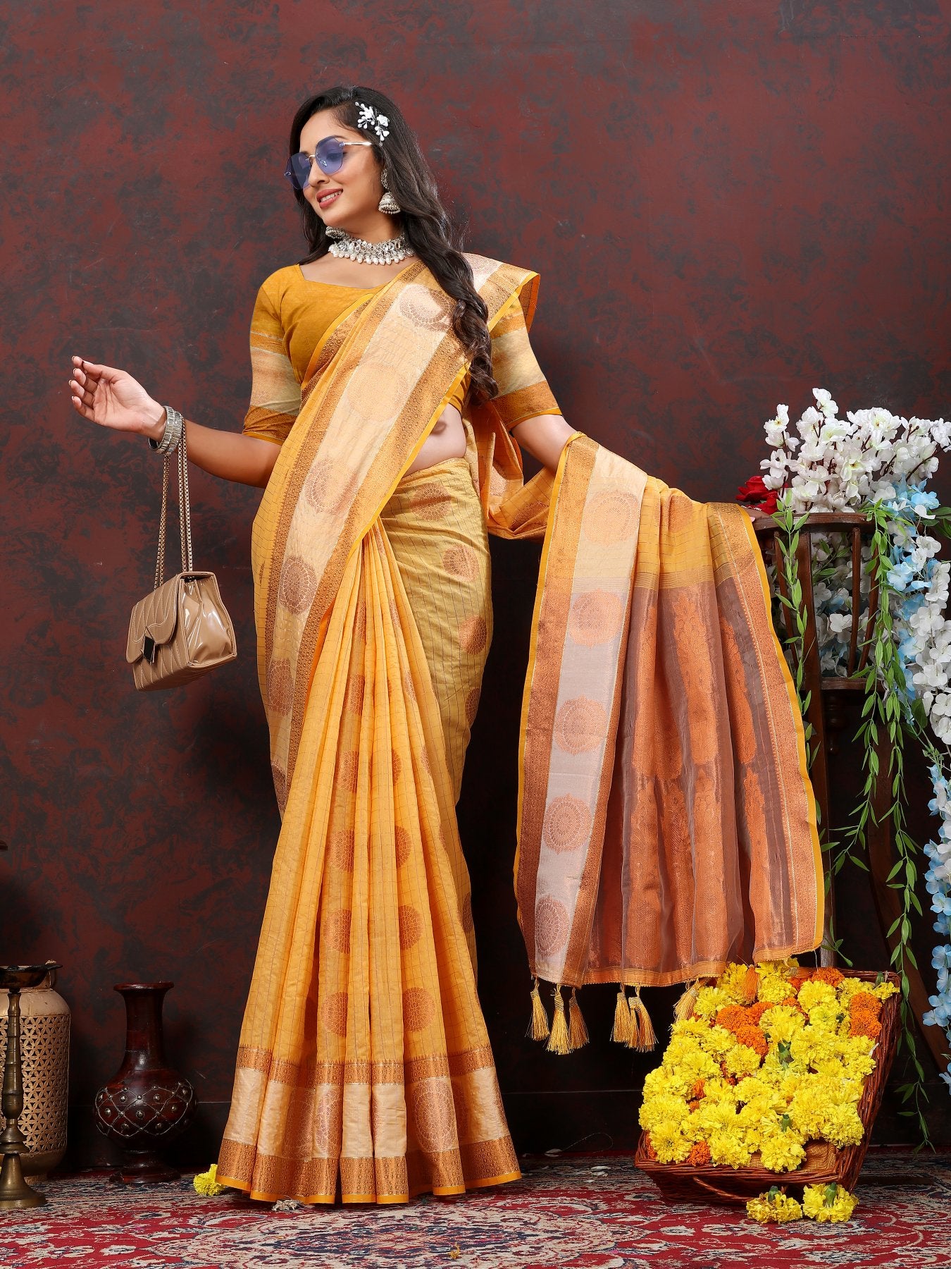 Engaging Mustard Cotton Silk Saree With Ornate Blouse Piece