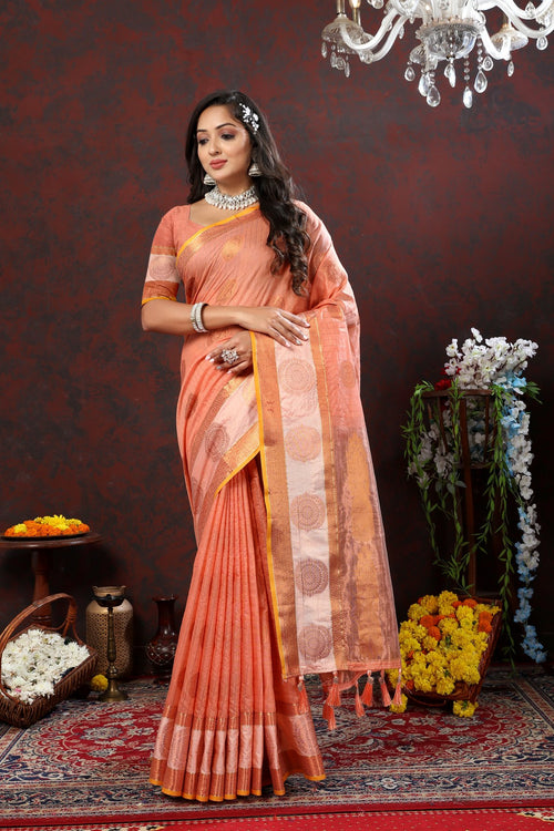 Load image into Gallery viewer, Incredible Peach Cotton Silk Saree With Resplendent Blouse Piece
