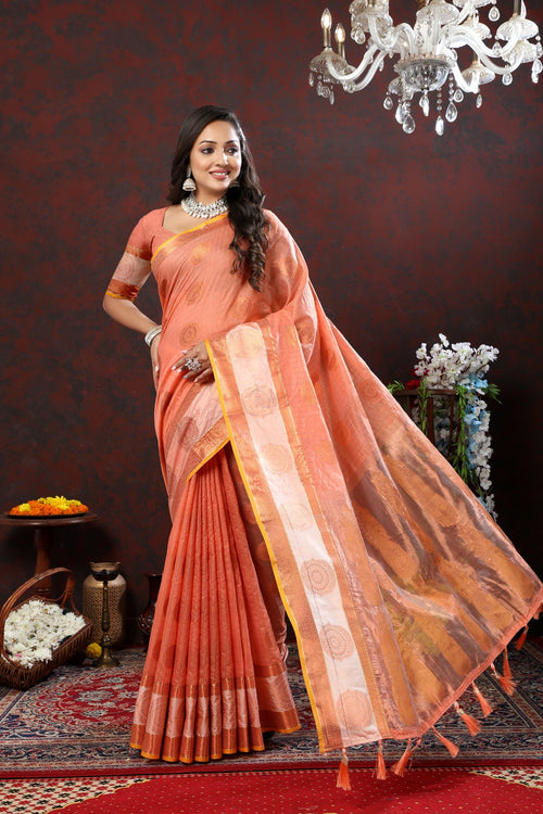 Load image into Gallery viewer, Incredible Peach Cotton Silk Saree With Resplendent Blouse Piece
