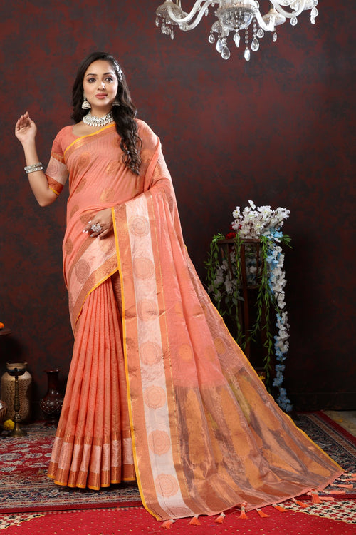 Load image into Gallery viewer, Incredible Peach Cotton Silk Saree With Resplendent Blouse Piece
