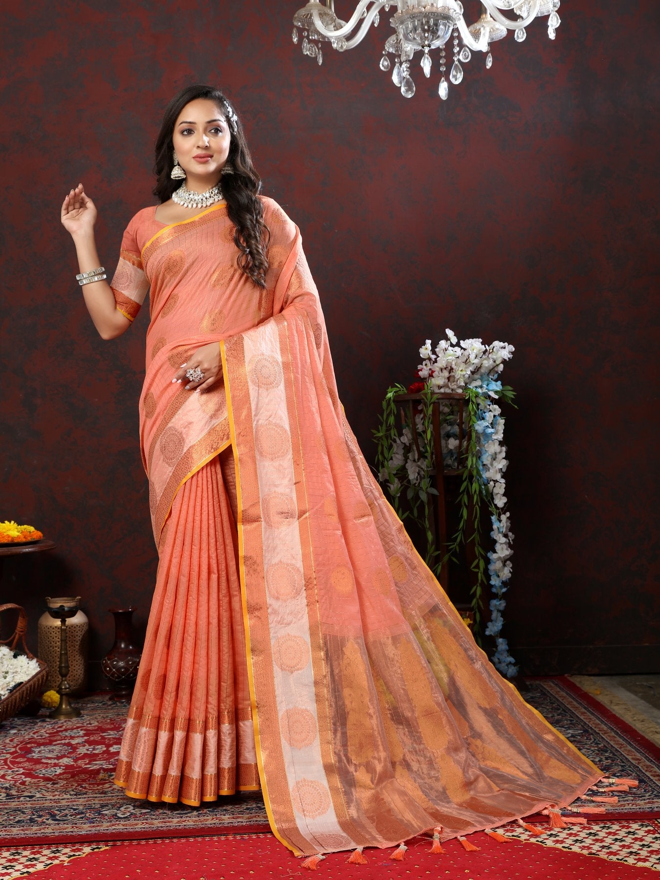 Incredible Peach Cotton Silk Saree With Resplendent Blouse Piece