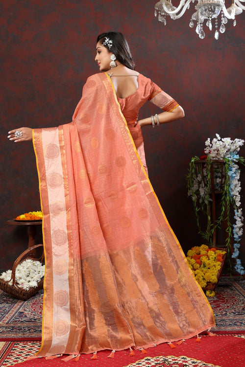 Load image into Gallery viewer, Incredible Peach Cotton Silk Saree With Resplendent Blouse Piece
