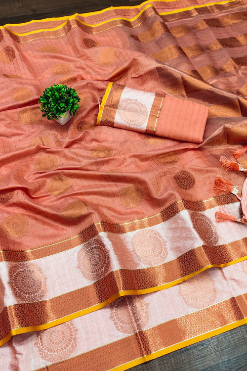 Load image into Gallery viewer, Incredible Peach Cotton Silk Saree With Resplendent Blouse Piece
