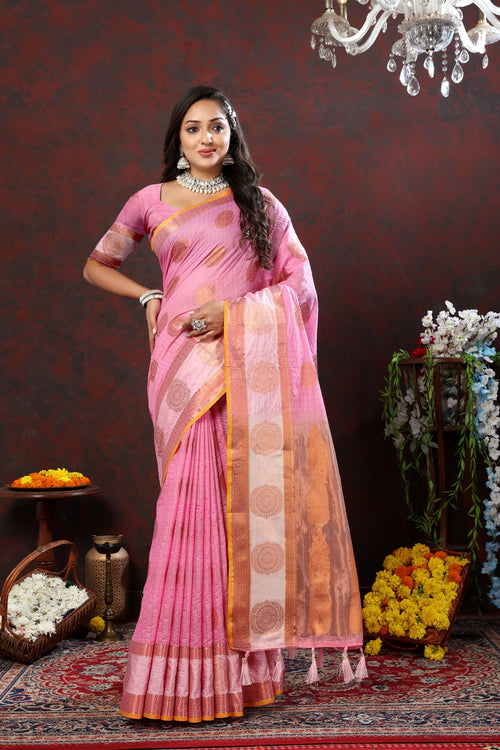 Load image into Gallery viewer, Symmetrical Pink Cotton Silk Saree With Jubilant Blouse Piece
