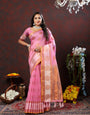 Symmetrical Pink Cotton Silk Saree With Jubilant Blouse Piece