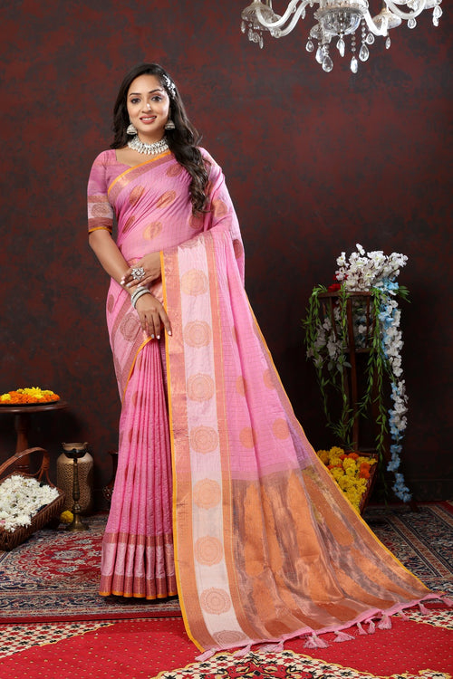 Load image into Gallery viewer, Symmetrical Pink Cotton Silk Saree With Jubilant Blouse Piece
